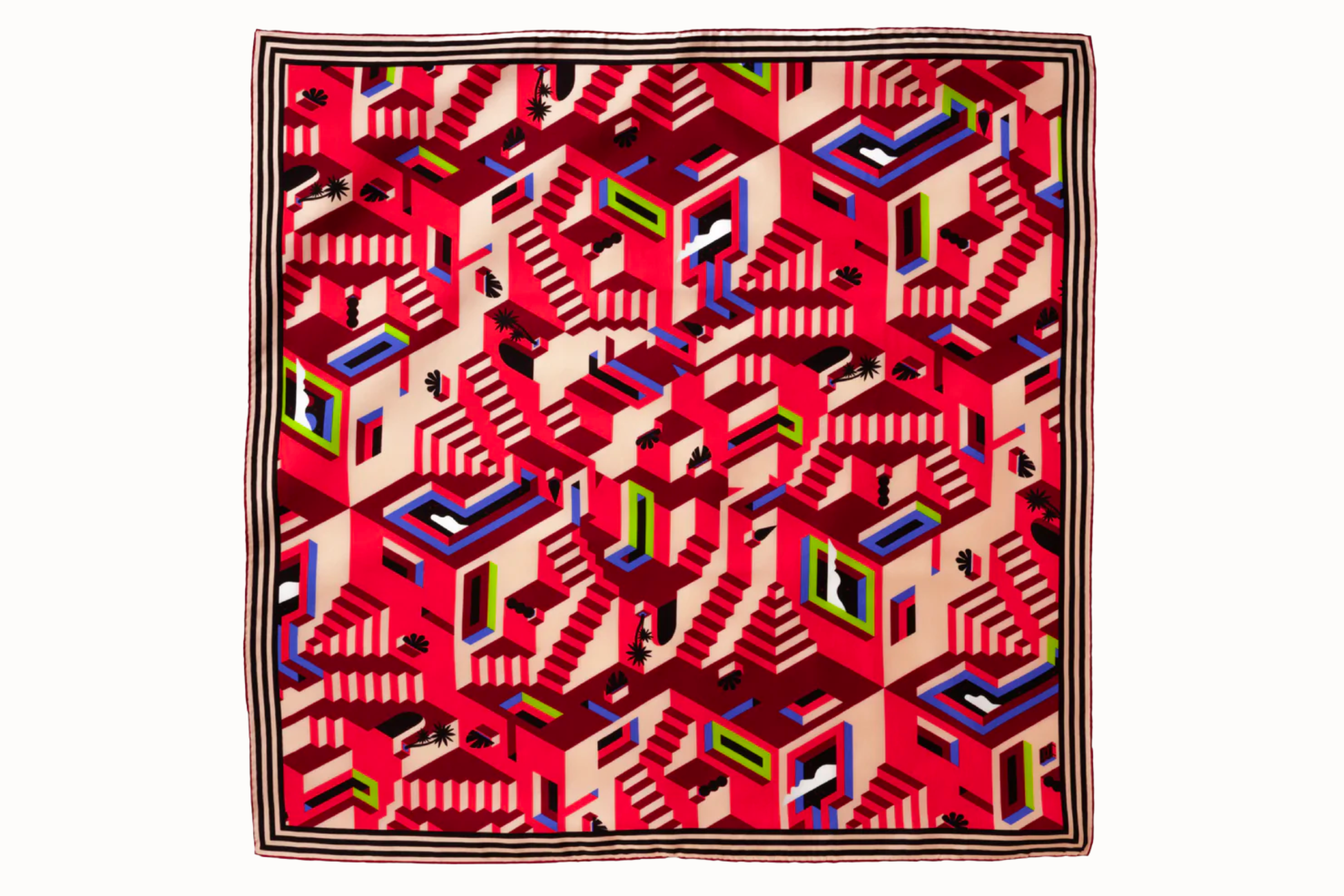 Flat lay image of 100% silk square scarf featuring a motif of interlocking staircases and platforms in various shades of red accented with pops of blue and green. A neutral stripe border around the scarves' edges.