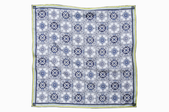 unfolded blue patterned scarf