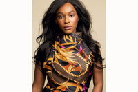 woman wearing dragon scarf
