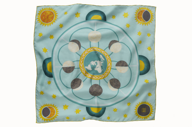 Flatlay image of 100% silk square scarf featuring a motif of stars, the sun and the moon phases positioned around planet Earth. Details in shades of rich turquoise, marine blue, white, chartreuse and maize on a light turquoise background.