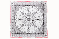 Flatlay image of 100% silk square scarf featuring a line illustration motif of zodiac, moon phases + the natural elements in black against a white background. Cranberry red border around the scarves' edges.