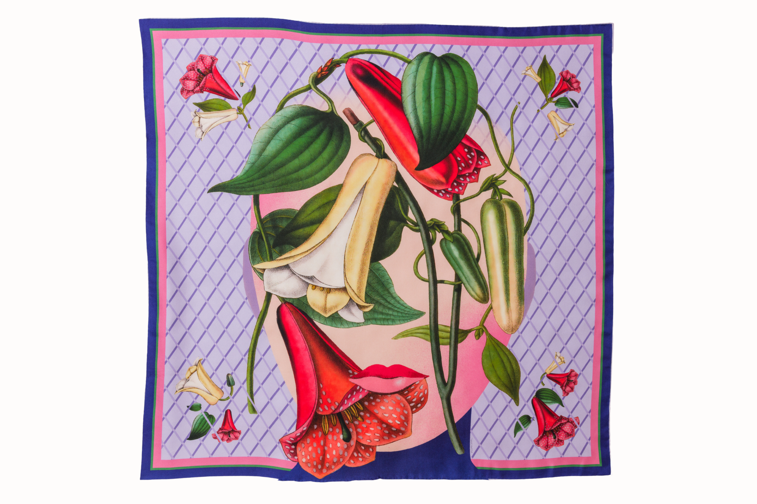Flatlay image of 100% silk square scarf featuring a vivid floral collage of soft lilac, scarlet, and bubblegum abstractly resembling a human portrait.