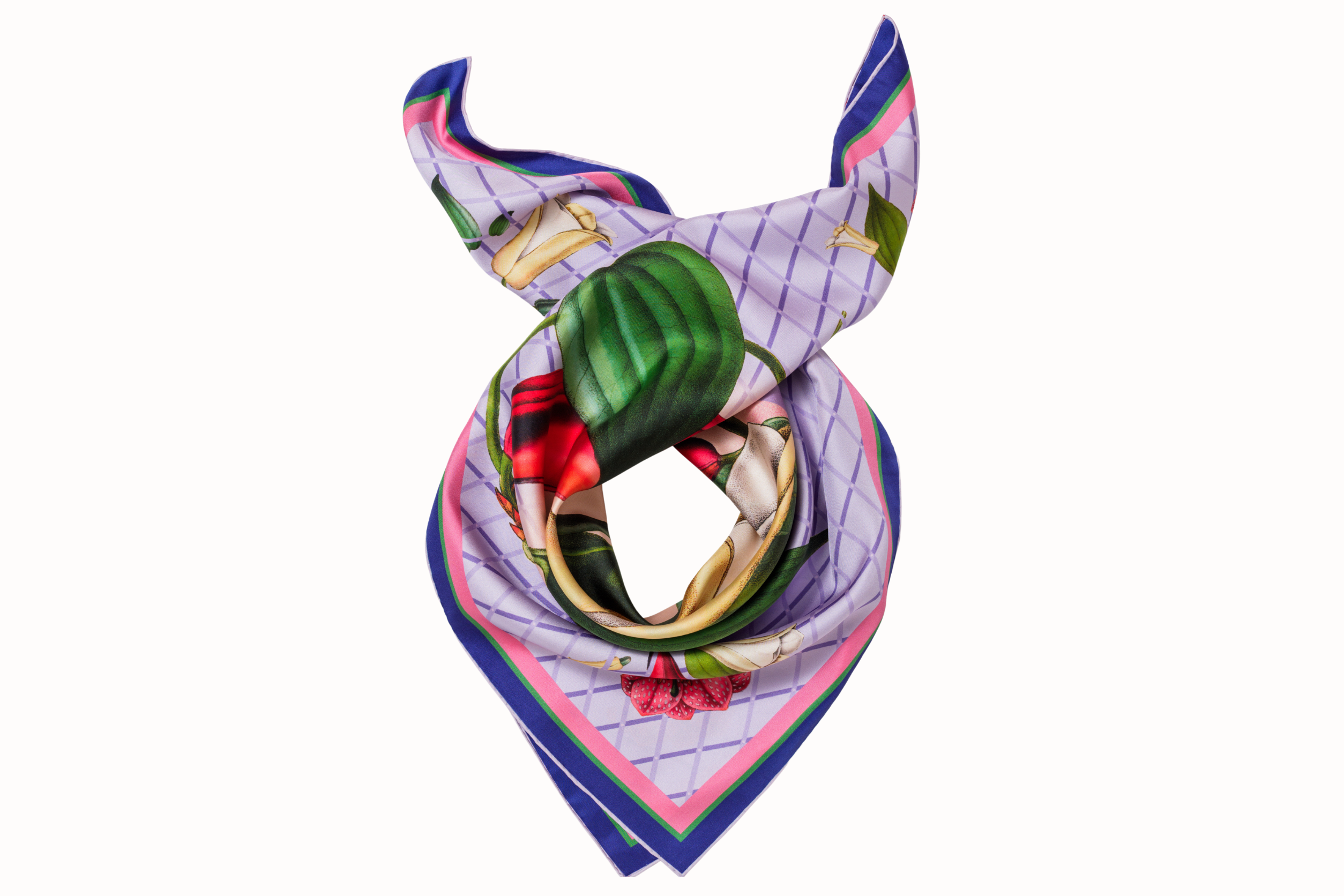 – Rolled image of 100% silk square scarf featuring a vivid floral collage of soft lilac, scarlet, and bubblegum abstractly resembling a human portrait.