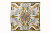 Flat lay image of 100% silk square scarf featuring rectilinear geometry, intricate line art, and aerodynamic curves in shades of cream and soft gray with pops of pink and metallic tones