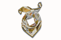 Rolled image of 100% silk square scarf featuring rectilinear geometry, intricate line art, and aerodynamic curves in shades of cream and soft gray with pops of pink and metallic tones