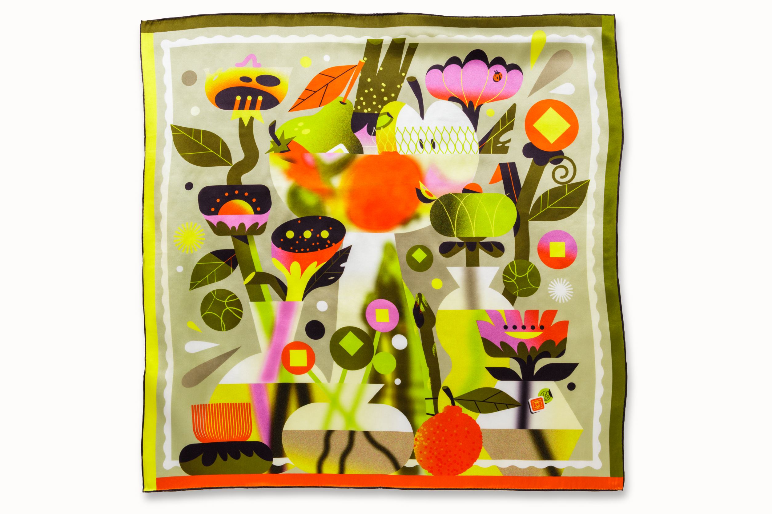 Flatlay image of 100% silk square scarf featuring a collage of fruits, vegetables, and flowers in luscious shades of green and yellow, with pops of orange and pink.