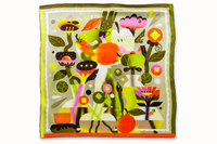 Flatlay image of 100% silk square scarf featuring a collage of fruits, vegetables, and flowers in luscious shades of green and yellow, with pops of orange and pink.