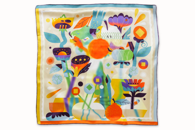  Flatlay image of 100% silk square scarf featuring a collage of fruits, vegetables, and flowers in luscious shades of yellow, with pops of orange, blue, and purple throughout.