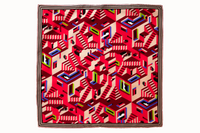 Flat lay image of 100% silk square scarf featuring a motif of interlocking staircases and platforms in various shades of red accented with pops of blue and green. A neutral stripe border around the scarves' edges.