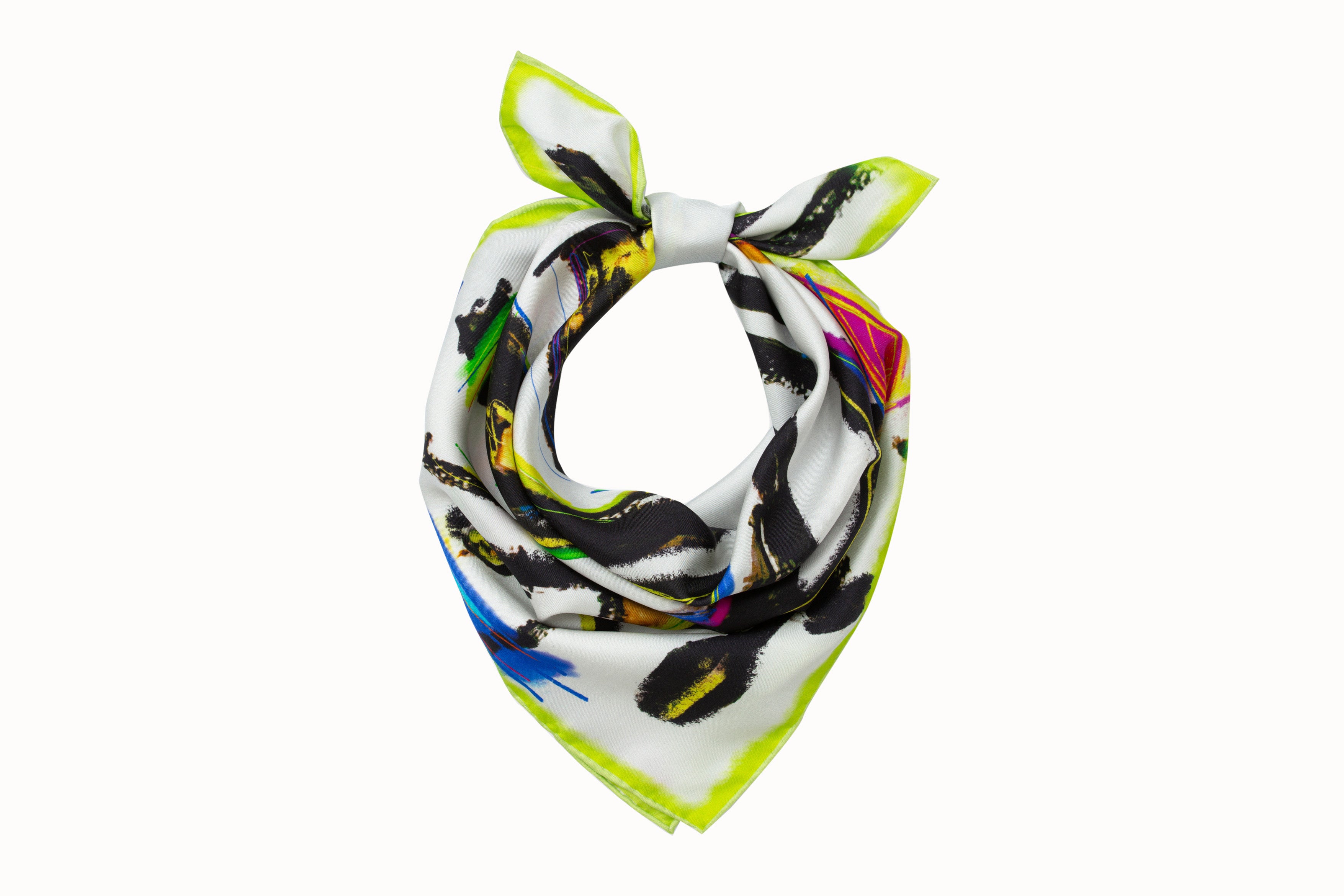 Image of a rolled and knotted 100% silk square scarf featuring a motif of five black female stick figures all wearing scarves styled in different ways. The scarves are in various shades of neon pink, green, yellow and blue splashed across a white background. There is a light neon green border around the edges.