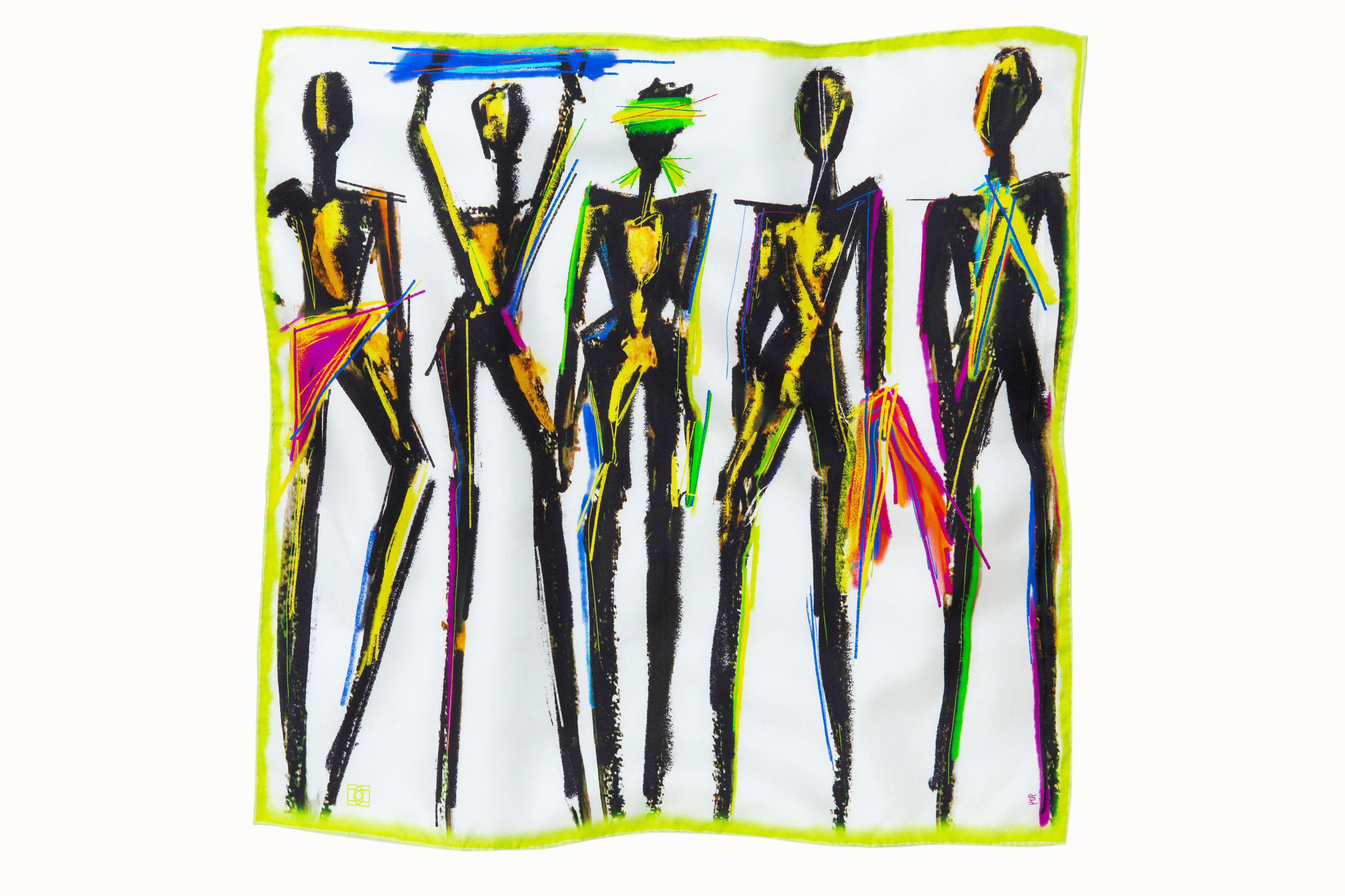 Flatlay image of 100% silk square scarf featuring a motif of five black female stick figures all wearing scarves styled in different ways. The scarves are in various shades of neon pink, green, yellow and blue splashed across a white background. There is a light neon green border around the edges.