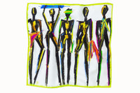 Flatlay image of 100% silk square scarf featuring a motif of five black female stick figures all wearing scarves styled in different ways. The scarves are in various shades of neon pink, green, yellow and blue splashed across a white background. There is a light neon green border around the edges.