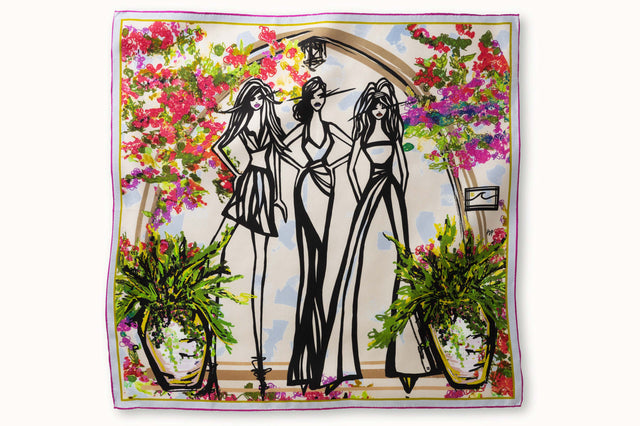 Flatlay image of 100% silk square scarf featuring a motif of three black female stick figures dressed for a night out and standing in front of the hotel entrance surrounded by urns and floral arches. The elements are in various shades of pink, green, soft red and baby blue splashed across a white background.