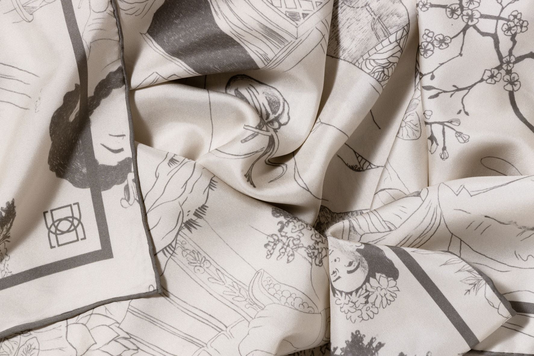 detail of line drawings on Modern Love scarf in Pewter
