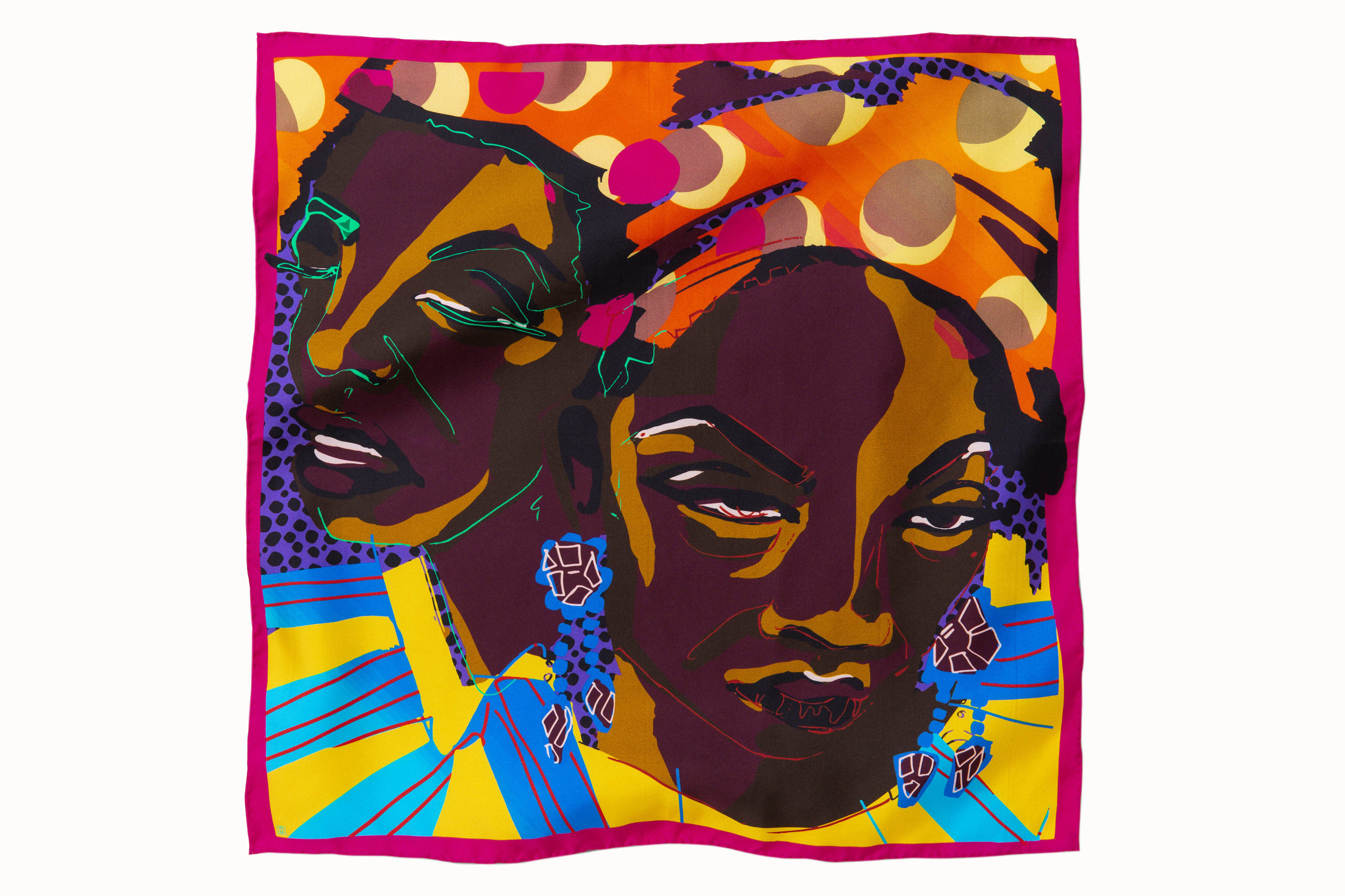 Flatlay image of 100% silk square scarf featuring the artist’s portrait of Nina Simone surrounded by bold geometric shapes and featuring such colors as tangerine, citrus yellow, bright blue, burgundy and deep mahogany.