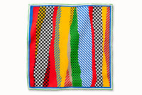 Flatlay image of 100% silk square scarf featuring a high energy collage of blocks of color interrupted by lines, polka dots and checkers. Colors include black, white, stop sign red, kelly green, bright yellow and azure blue.