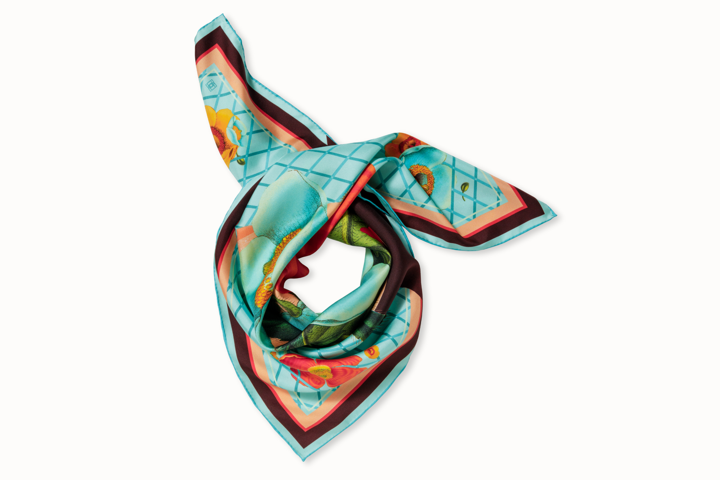 Rolled image of 100% silk square scarf featuring a vivid floral collage of bright turquoise, coral and orange abstractly resembling a human portrait.